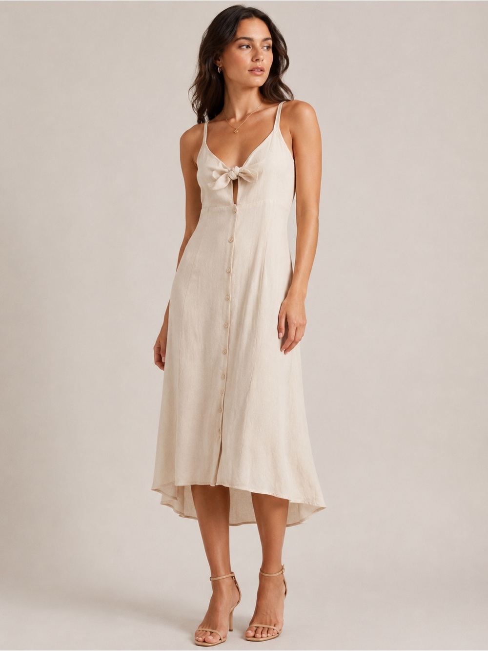 Astr Neutral Tie-Front Midi Dress